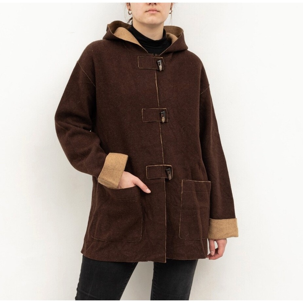 Vntg Lauren Ralph Lauren Brown Tan Wool Blend Duffle Toggle Hooded Jacket Women‎